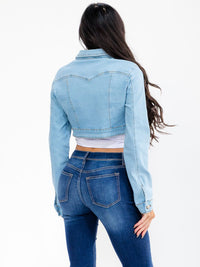 WOMEN'S LONG SLEEVE BUTTON UP FRINGE DENIM CROP JACKET