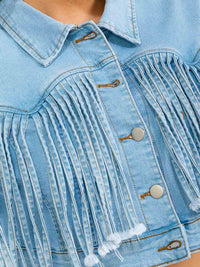 WOMEN'S LONG SLEEVE BUTTON UP FRINGE DENIM CROP JACKET