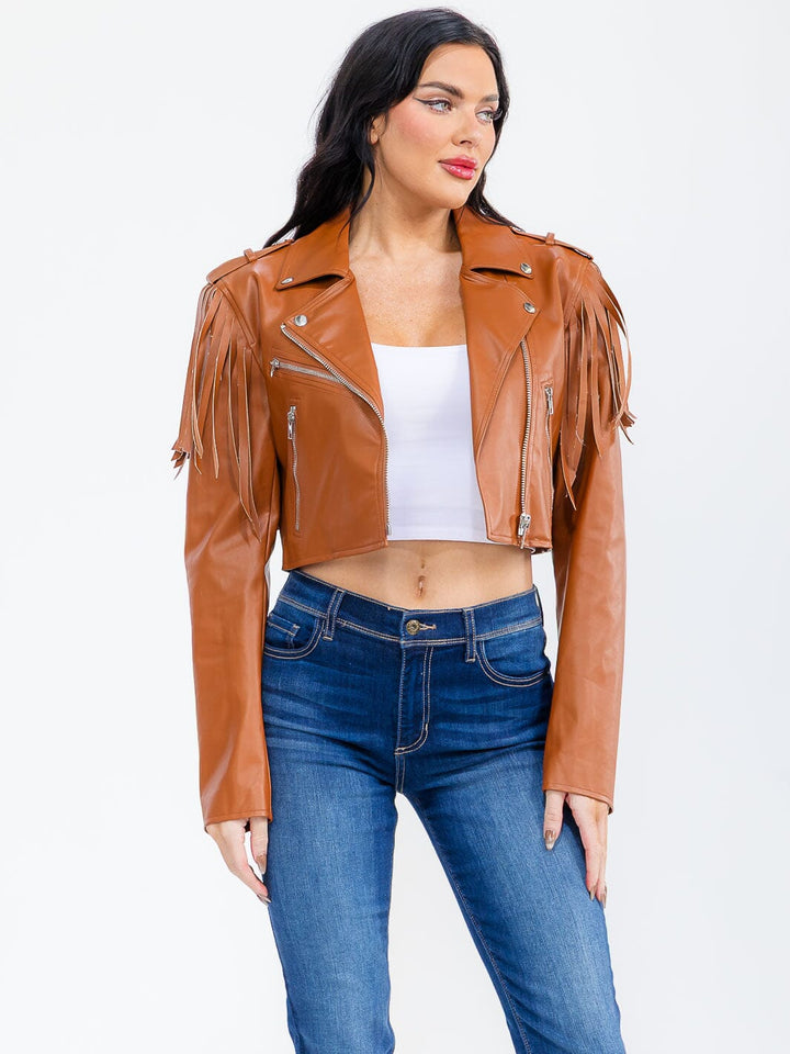 WOMEN'S LONG SLEEVE ZIP UP FRONT POCKETS FRINGE PU PLEATHER JACKET
