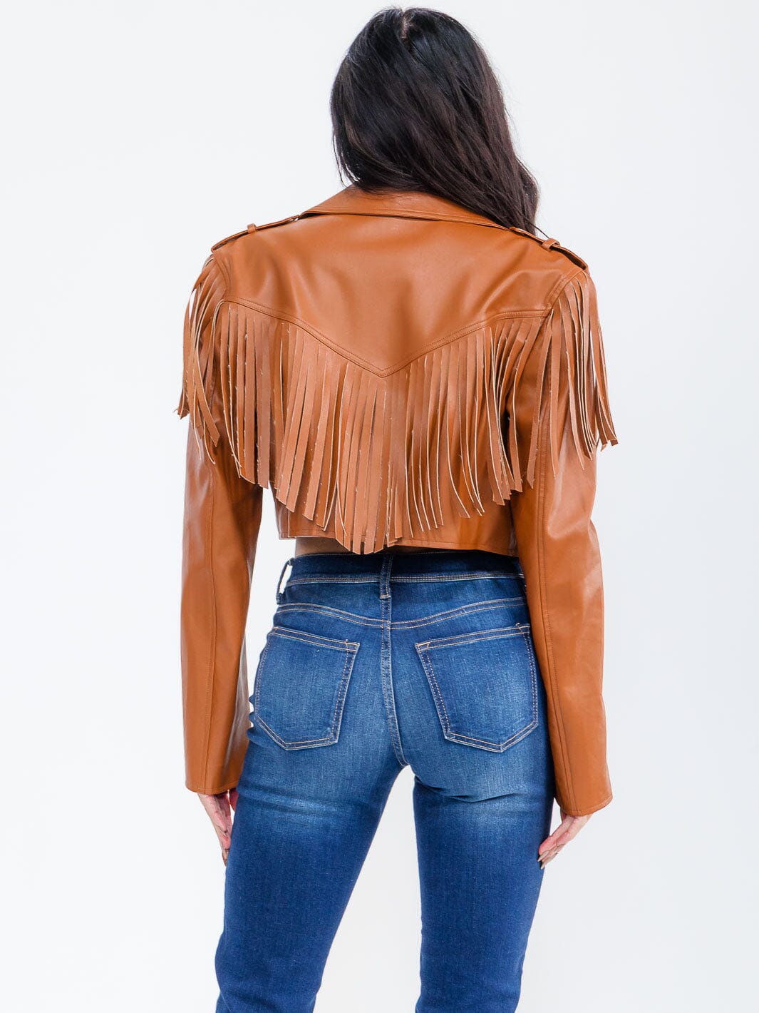 WOMEN'S LONG SLEEVE ZIP UP FRONT POCKETS FRINGE PU PLEATHER JACKET