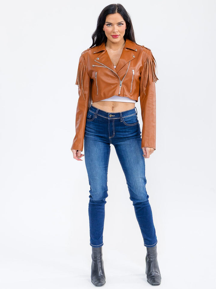 WOMEN'S LONG SLEEVE ZIP UP FRONT POCKETS FRINGE PU PLEATHER JACKET