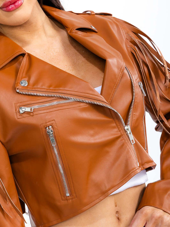 WOMEN'S LONG SLEEVE ZIP UP FRONT POCKETS FRINGE PU PLEATHER JACKET