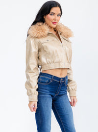 WOMEN'S LONG SLEEVE ZIPPER CLOSURE FRONT POCKETS FAUX FUR PU JACKET