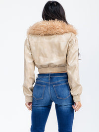 WOMEN'S LONG SLEEVE ZIPPER CLOSURE FRONT POCKETS FAUX FUR PU JACKET