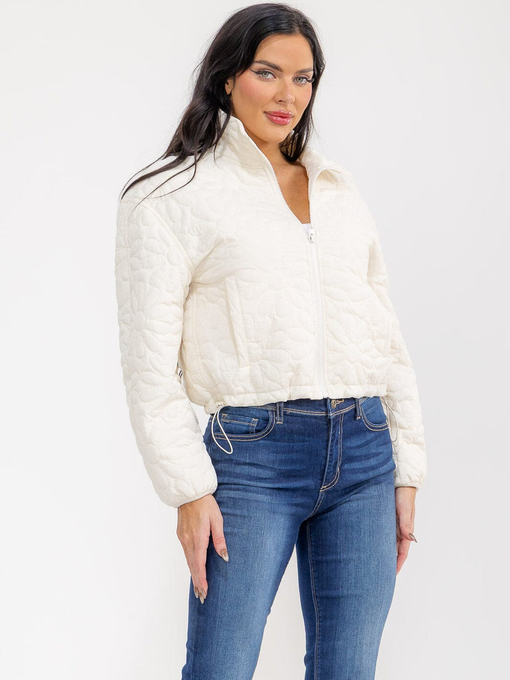 WOMEN'S LONG SLEEVE ZIPPER CLOSURE FRONT POCKETS FLORAL PADDED JACKET