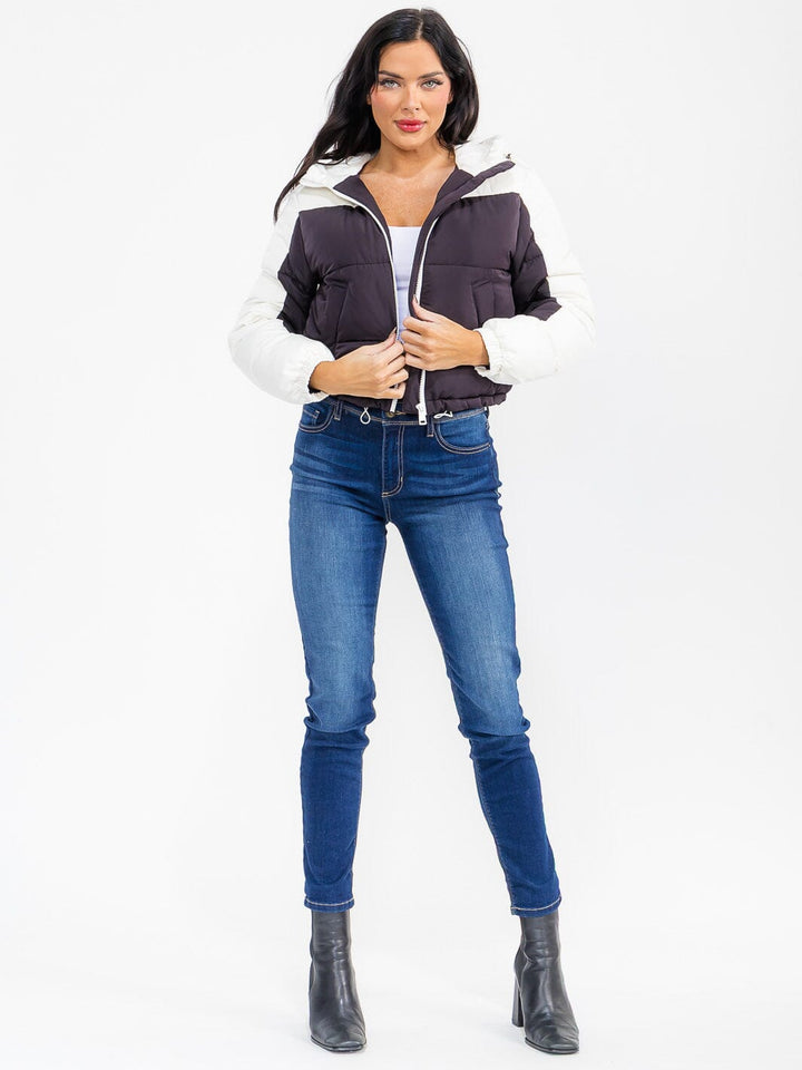 WOMEN'S LONG SLEEVE ZIPPER CLOSURE FRONT POCKETS HOODED COLORBLOCK BOMBER JACKET