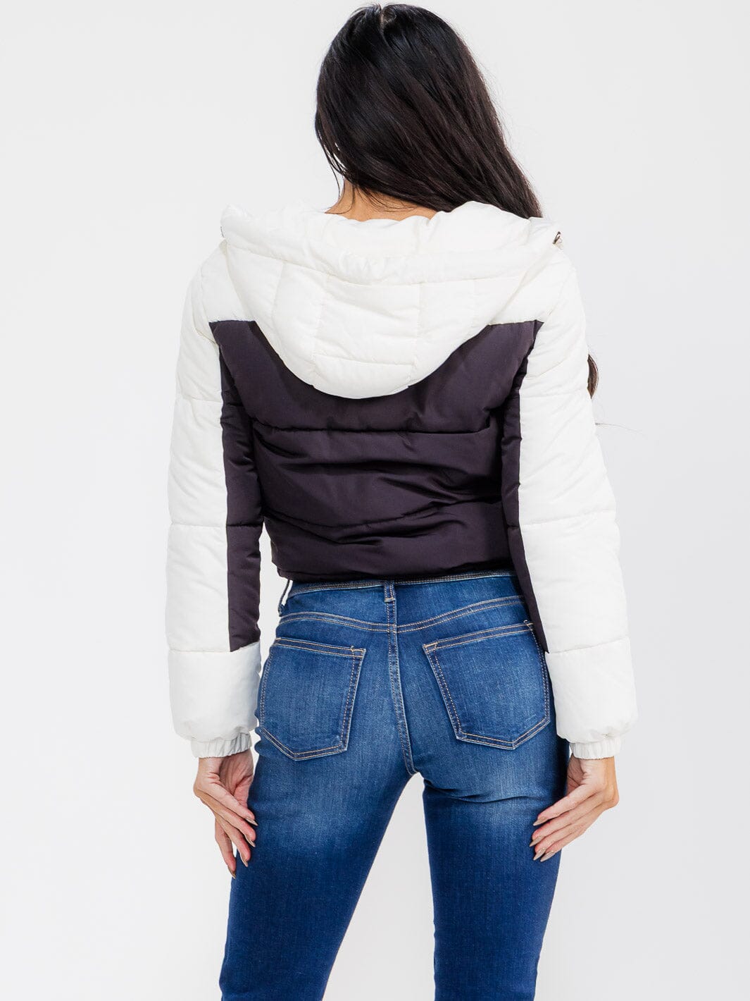 WOMEN'S LONG SLEEVE ZIPPER CLOSURE FRONT POCKETS HOODED COLORBLOCK BOMBER JACKET
