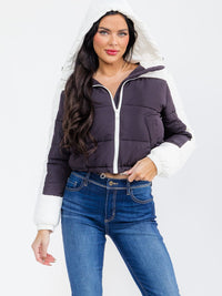 WOMEN'S LONG SLEEVE ZIPPER CLOSURE FRONT POCKETS HOODED COLORBLOCK BOMBER JACKET