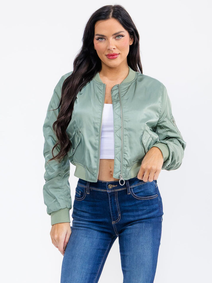 WOMEN'S LONG RUCHED SLEEVE ZIPPER CLOSURE POCKETS BOMBER JACKET