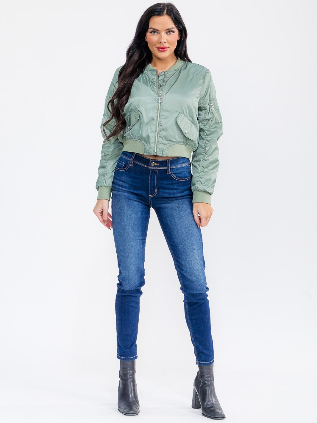 WOMEN'S LONG RUCHED SLEEVE ZIPPER CLOSURE POCKETS BOMBER JACKET