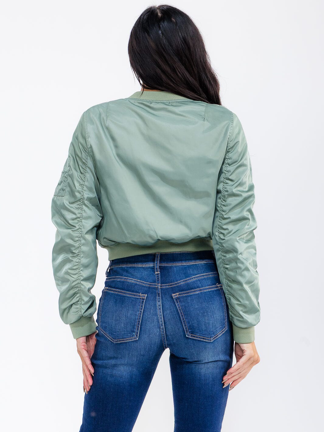 WOMEN'S LONG RUCHED SLEEVE ZIPPER CLOSURE POCKETS BOMBER JACKET