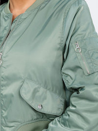 WOMEN'S LONG RUCHED SLEEVE ZIPPER CLOSURE POCKETS BOMBER JACKET
