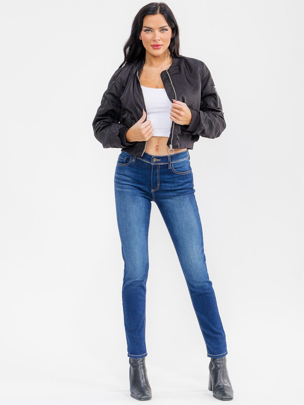 WOMEN'S LONG RUCHED SLEEVE ZIPPER CLOSURE POCKETS BOMBER JACKET