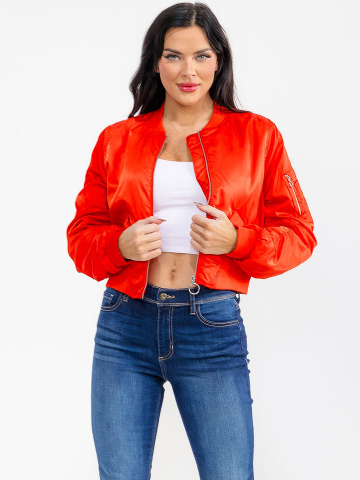 WOMEN'S LONG RUCHED SLEEVE ZIPPER CLOSURE POCKETS BOMBER JACKET