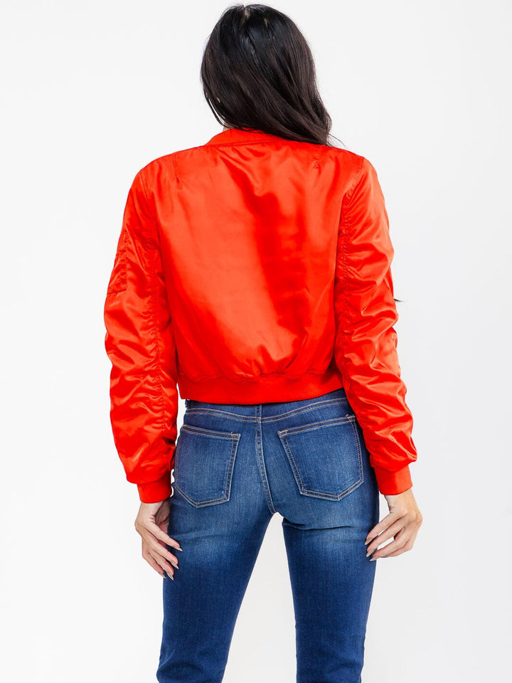 WOMEN'S LONG RUCHED SLEEVE ZIPPER CLOSURE POCKETS BOMBER JACKET
