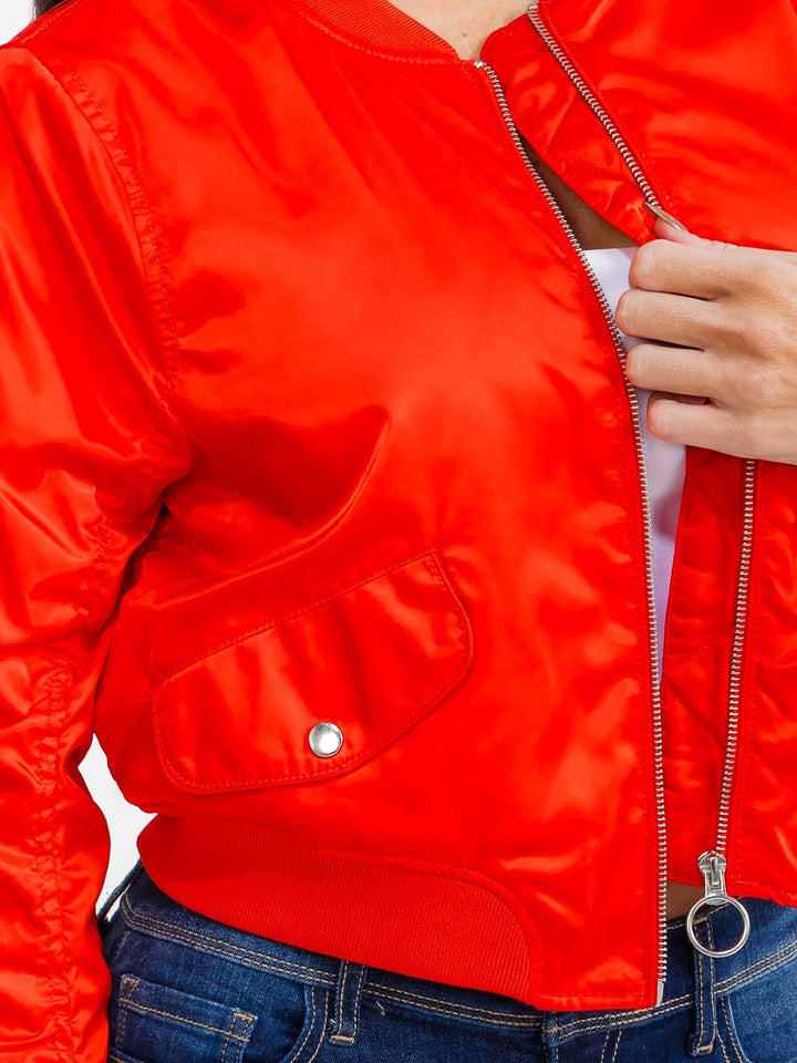 WOMEN'S LONG RUCHED SLEEVE ZIPPER CLOSURE POCKETS BOMBER JACKET