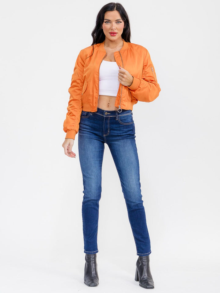 WOMEN'S LONG RUCHED SLEEVE ZIPPER CLOSURE POCKETS BOMBER JACKET