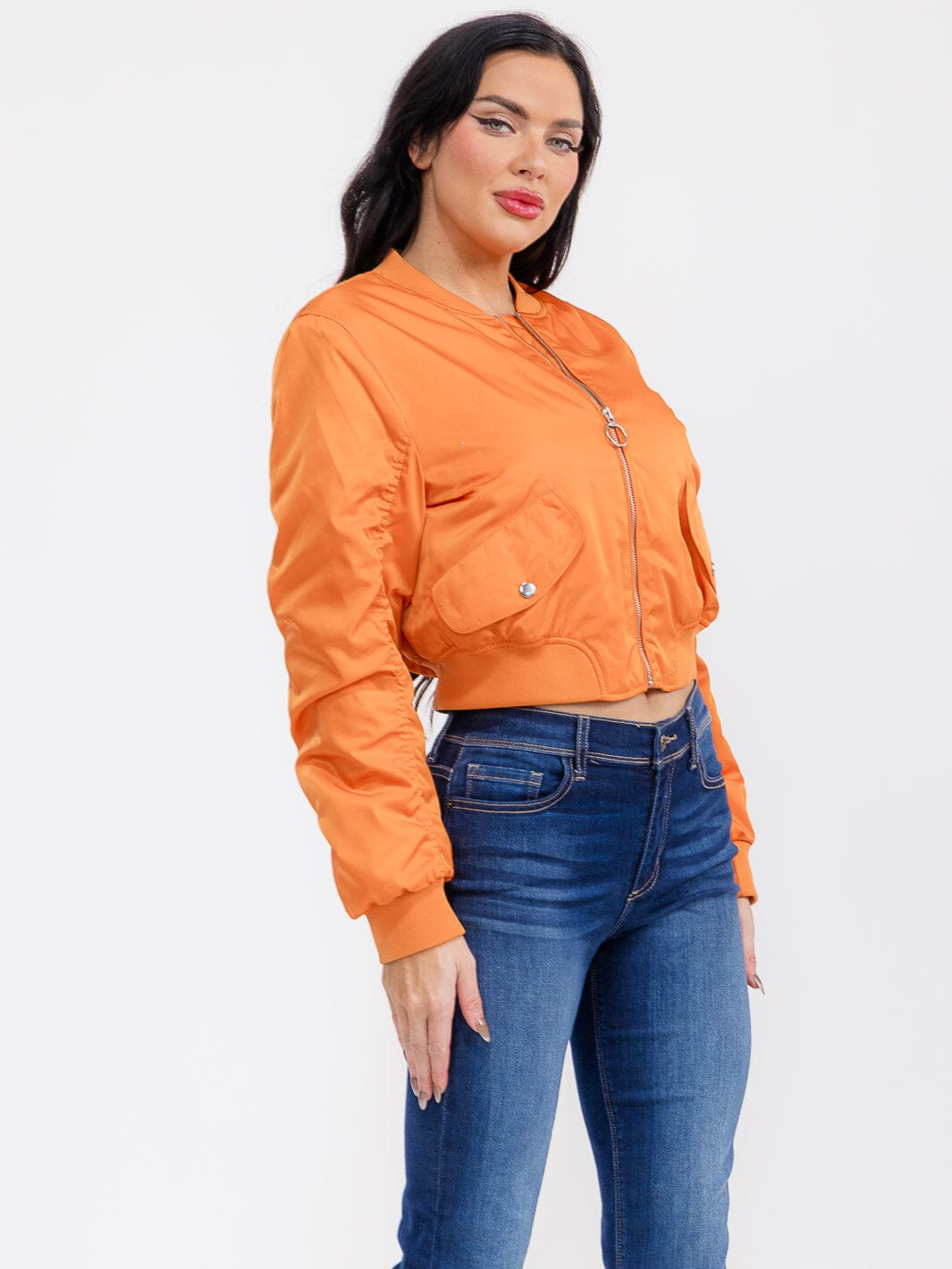 WOMEN'S LONG RUCHED SLEEVE ZIPPER CLOSURE POCKETS BOMBER JACKET