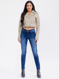 WOMEN'S LONG SLEEVE ZIP UP PU PLEATHER JACKET