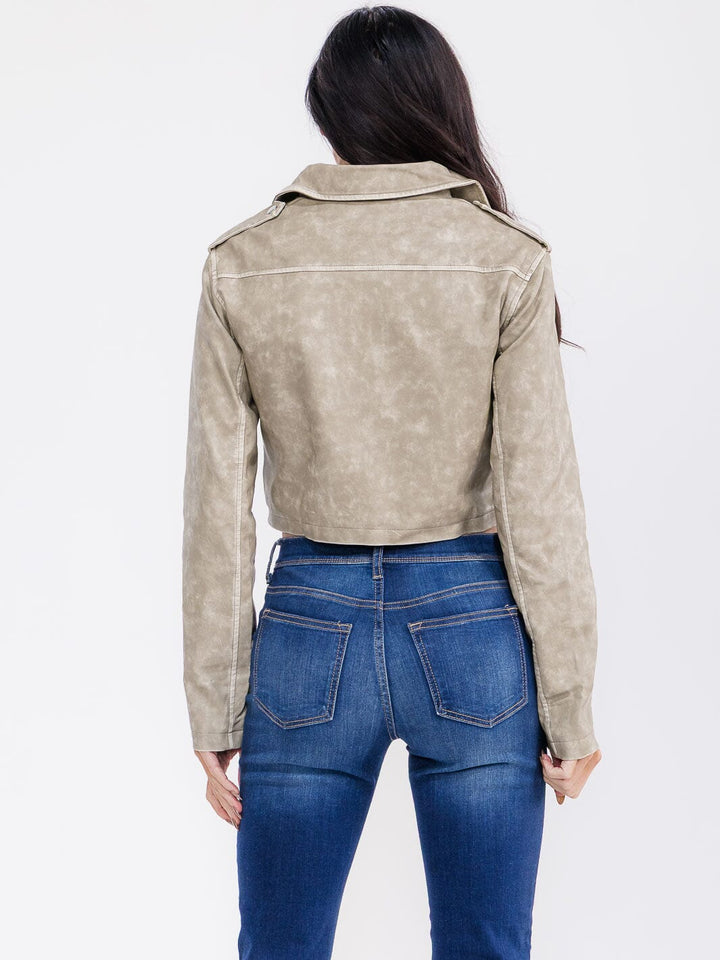 WOMEN'S LONG SLEEVE ZIP UP PU PLEATHER JACKET