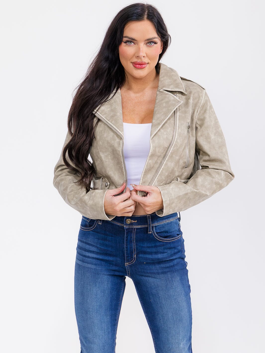 WOMEN'S LONG SLEEVE ZIP UP PU PLEATHER JACKET