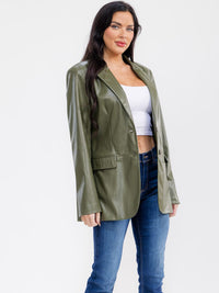 WOMEN'S LONG SLEEVE BUTTON CLOSURE FRONT POCKETS PU PLEATHER BLAZER