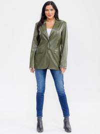 WOMEN'S LONG SLEEVE BUTTON CLOSURE FRONT POCKETS PU PLEATHER BLAZER