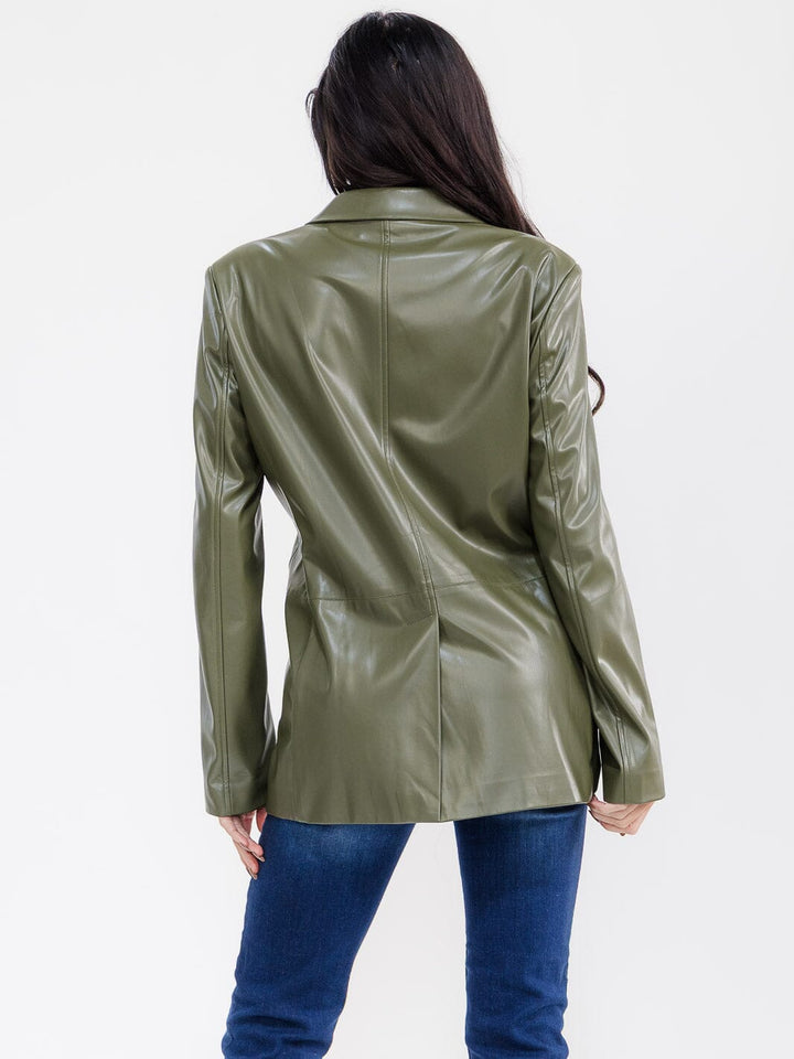 WOMEN'S LONG SLEEVE BUTTON CLOSURE FRONT POCKETS PU PLEATHER BLAZER