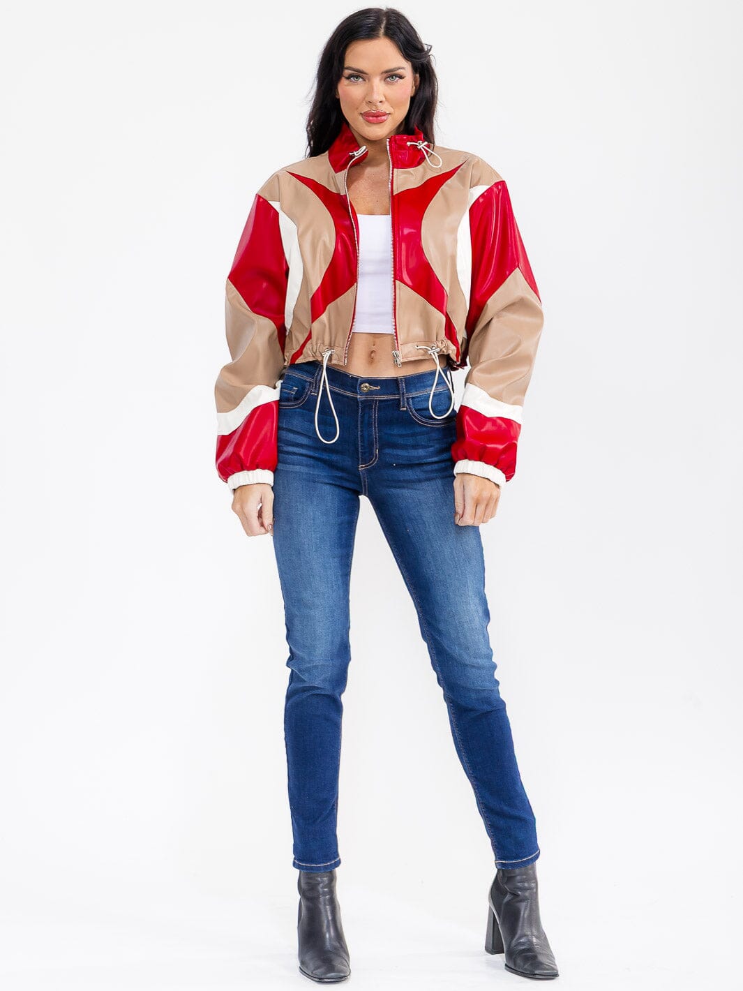 WOMEN'S LONG SLEEVE ZIPPER UP PU PLEATHER COLORBLOCK JACKET