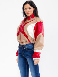 WOMEN'S LONG SLEEVE ZIPPER UP PU PLEATHER COLORBLOCK JACKET
