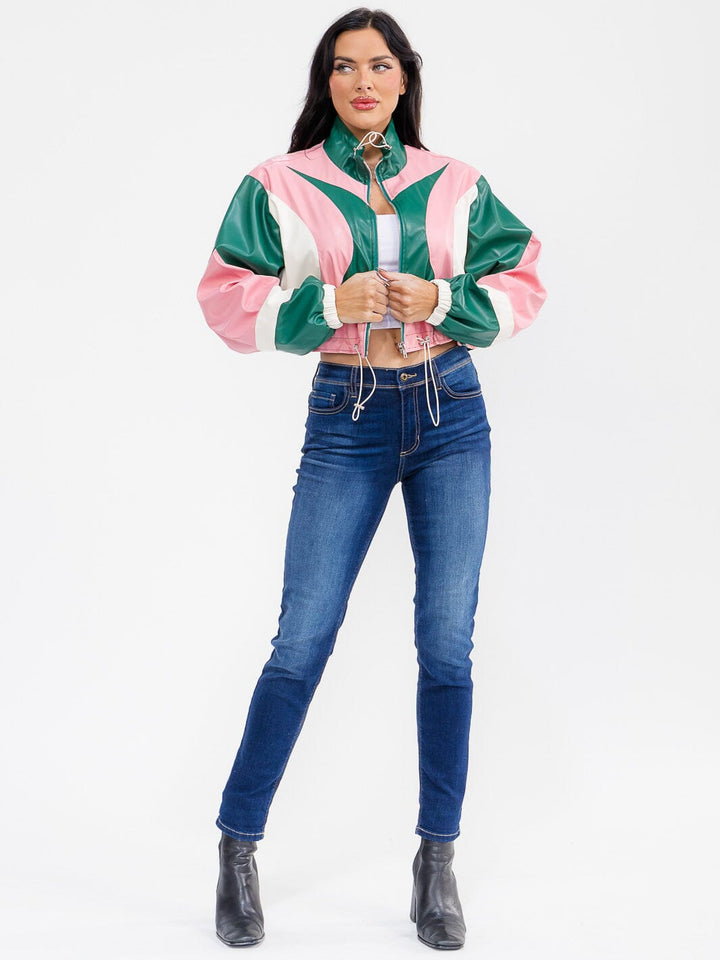 WOMEN'S LONG SLEEVE ZIPPER UP PU PLEATHER COLORBLOCK JACKET