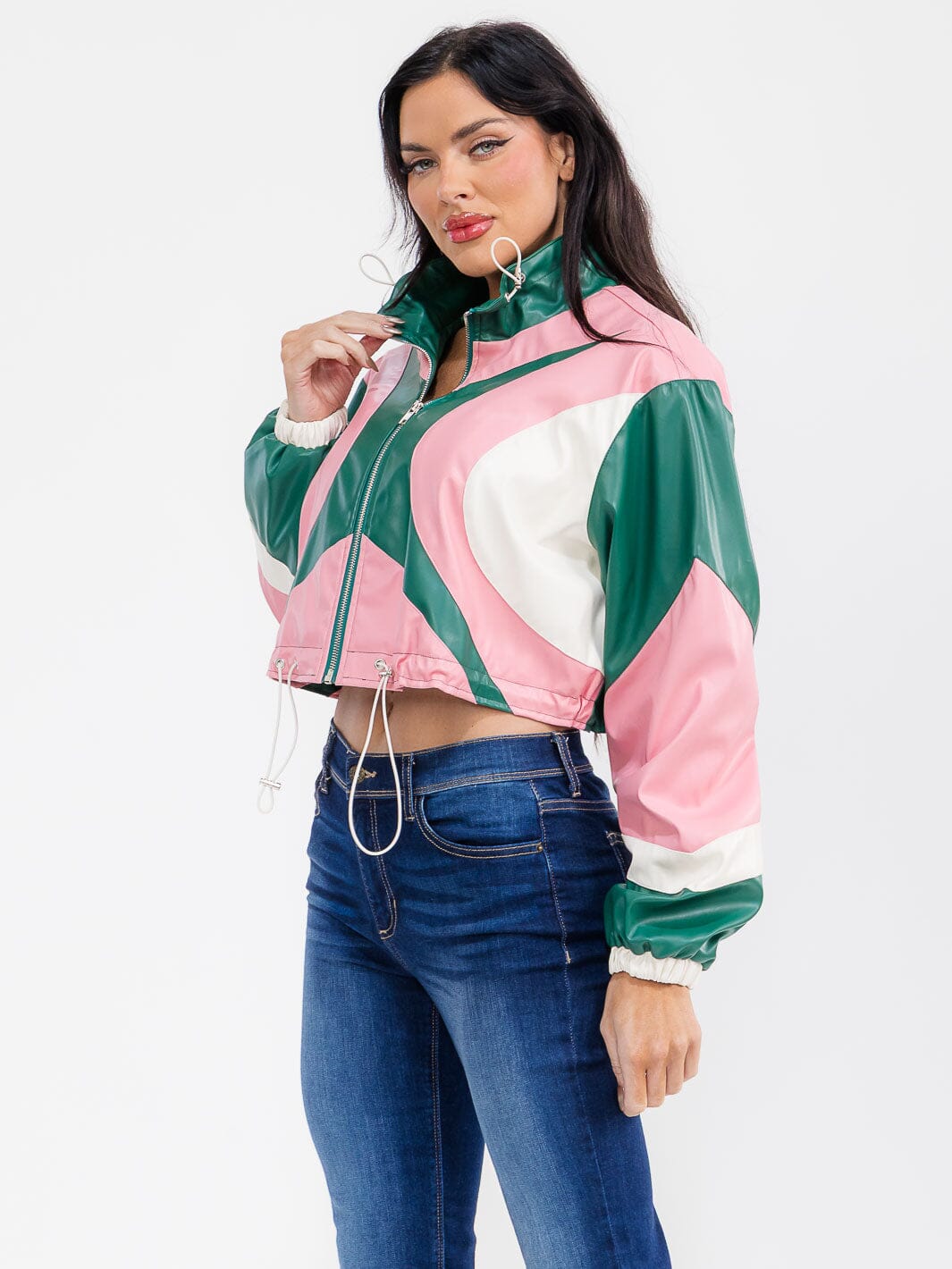 WOMEN'S LONG SLEEVE ZIPPER UP PU PLEATHER COLORBLOCK JACKET
