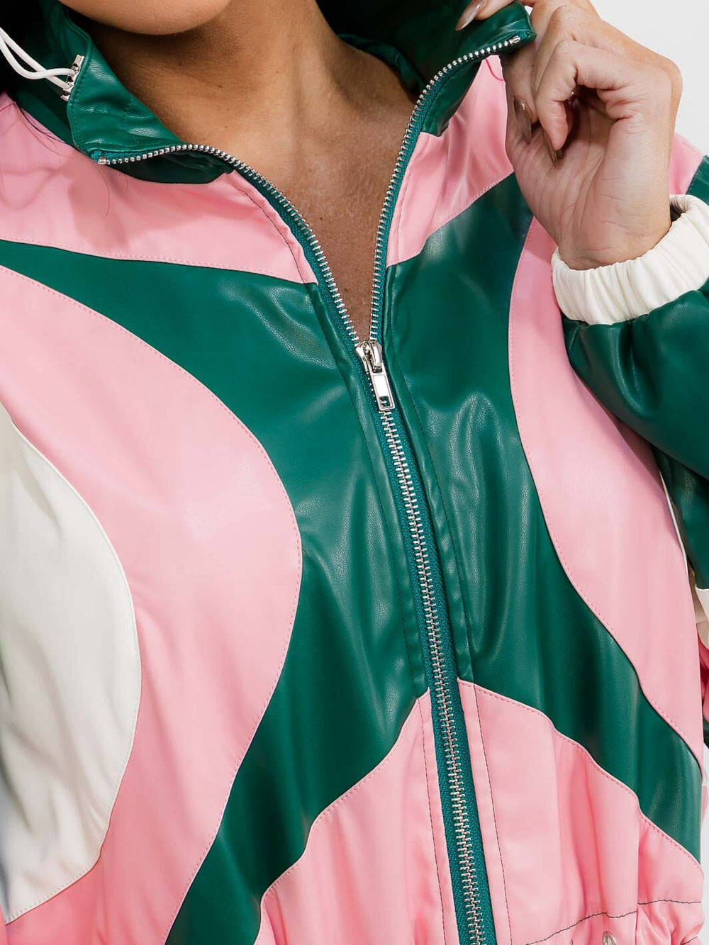 WOMEN'S LONG SLEEVE ZIPPER UP PU PLEATHER COLORBLOCK JACKET