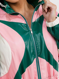 WOMEN'S LONG SLEEVE ZIPPER UP PU PLEATHER COLORBLOCK JACKET