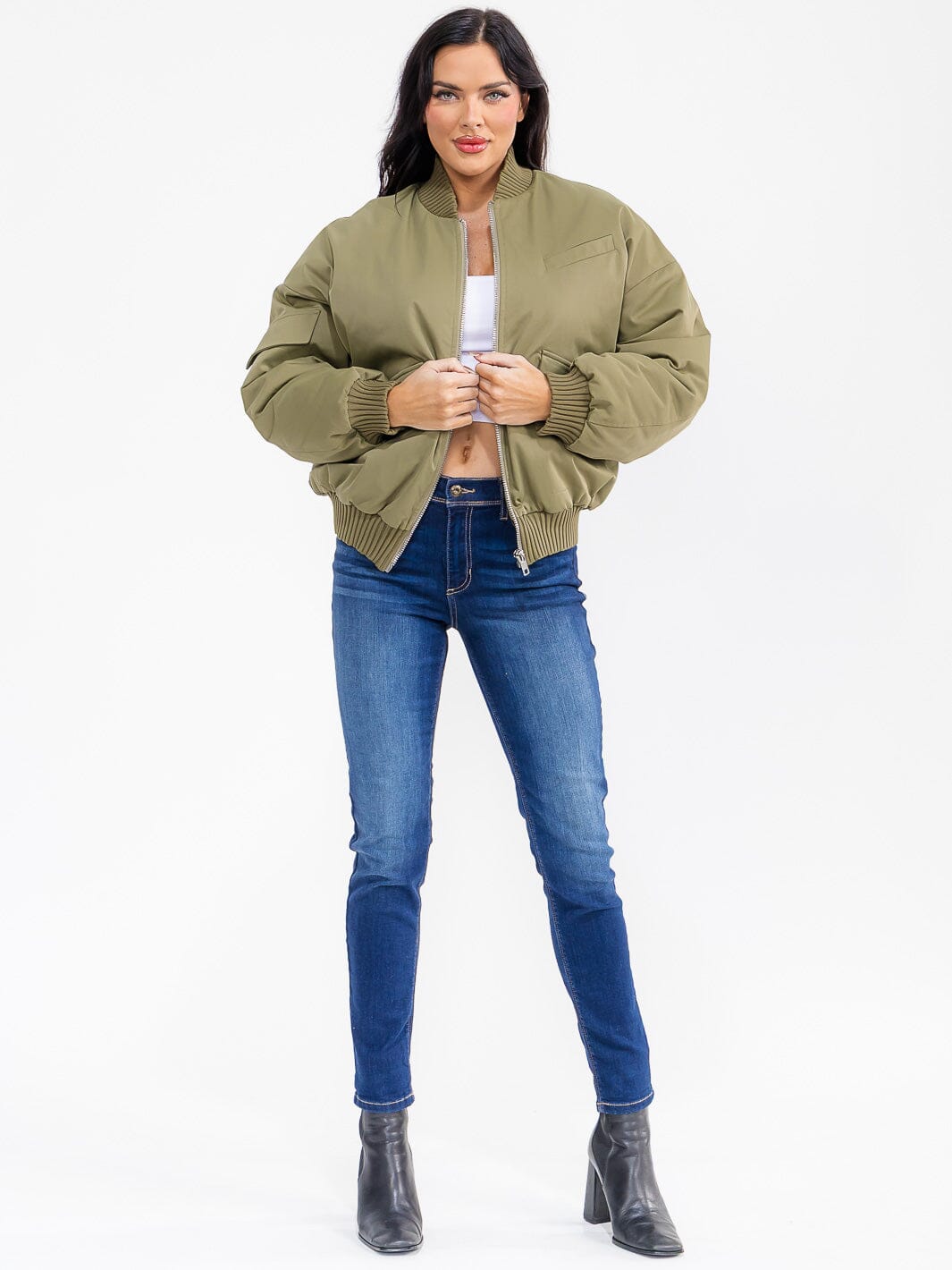 WOMEN'S LONG SLEEVE ZIPPER CLOSURE FRONT POCKETS BOMBER JACKET