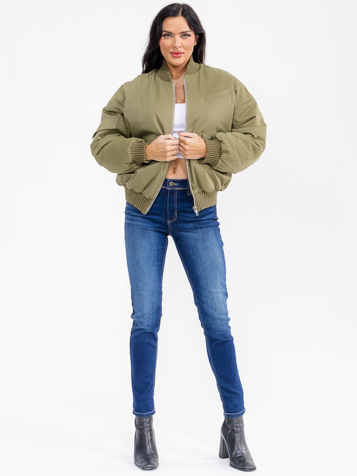 WOMEN'S LONG SLEEVE ZIPPER CLOSURE FRONT POCKETS BOMBER JACKET