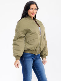 WOMEN'S LONG SLEEVE ZIPPER CLOSURE FRONT POCKETS BOMBER JACKET