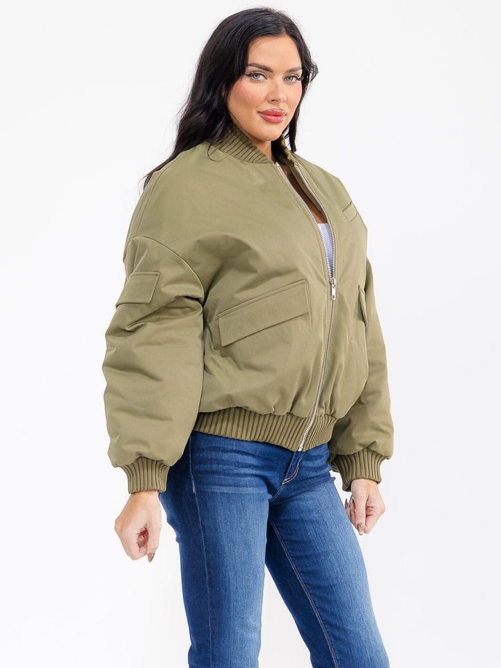 WOMEN'S LONG SLEEVE ZIPPER CLOSURE FRONT POCKETS BOMBER JACKET