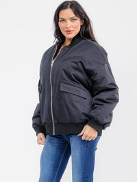 WOMEN'S LONG SLEEVE ZIPPER CLOSURE FRONT POCKETS BOMBER JACKET