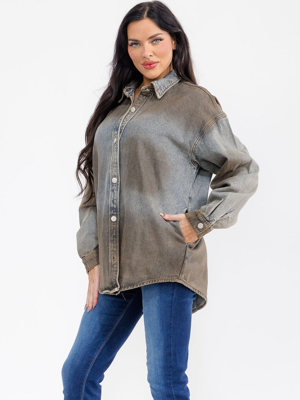 WOMEN'S LONG SLEEVE BUTTON UP FRONT POCKETS DENIM WASHED JACKET