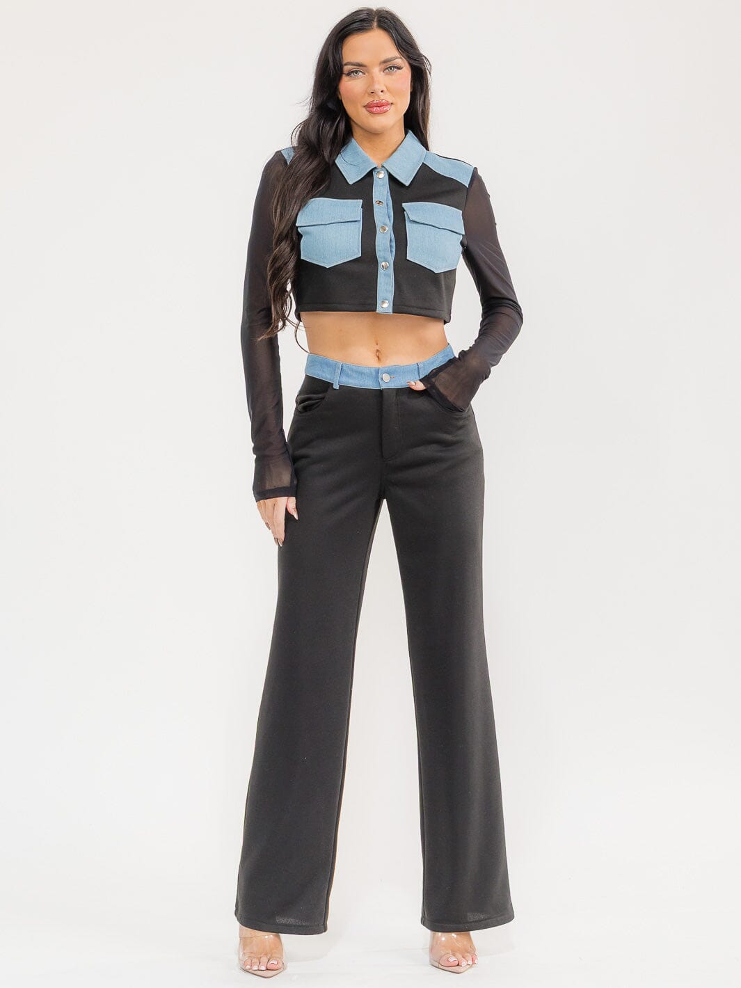WOMEN'S LONG SLEEVE CROP TOP & BUTTON CLOSURE PANTS DENIM CONTRAST 2PC. SET