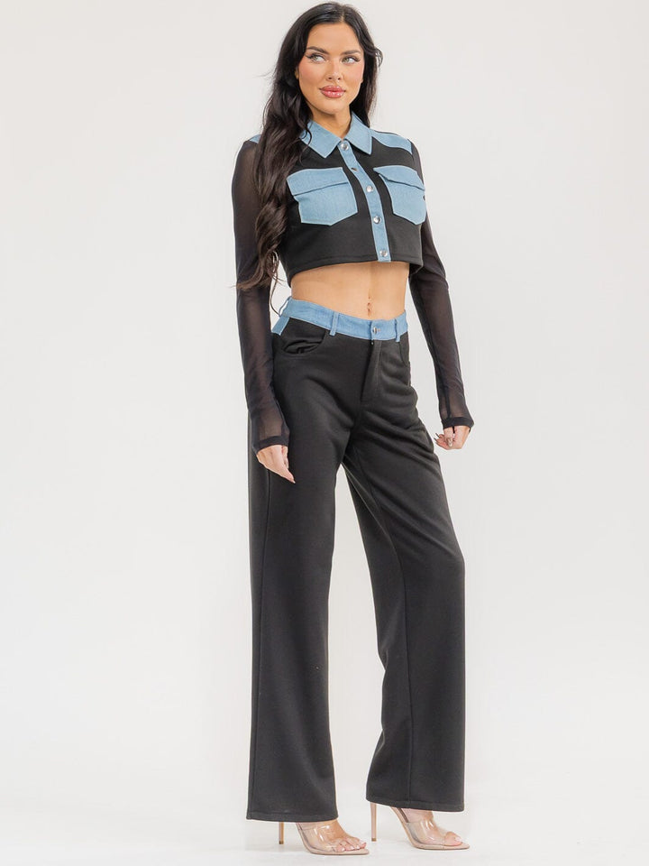WOMEN'S LONG SLEEVE CROP TOP & BUTTON CLOSURE PANTS DENIM CONTRAST 2PC. SET