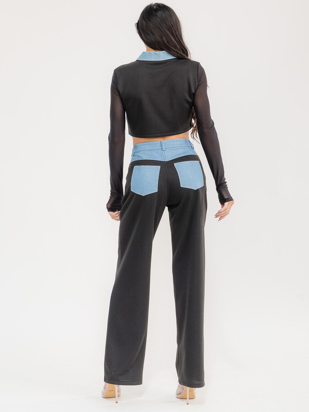 WOMEN'S LONG SLEEVE CROP TOP & BUTTON CLOSURE PANTS DENIM CONTRAST 2PC. SET