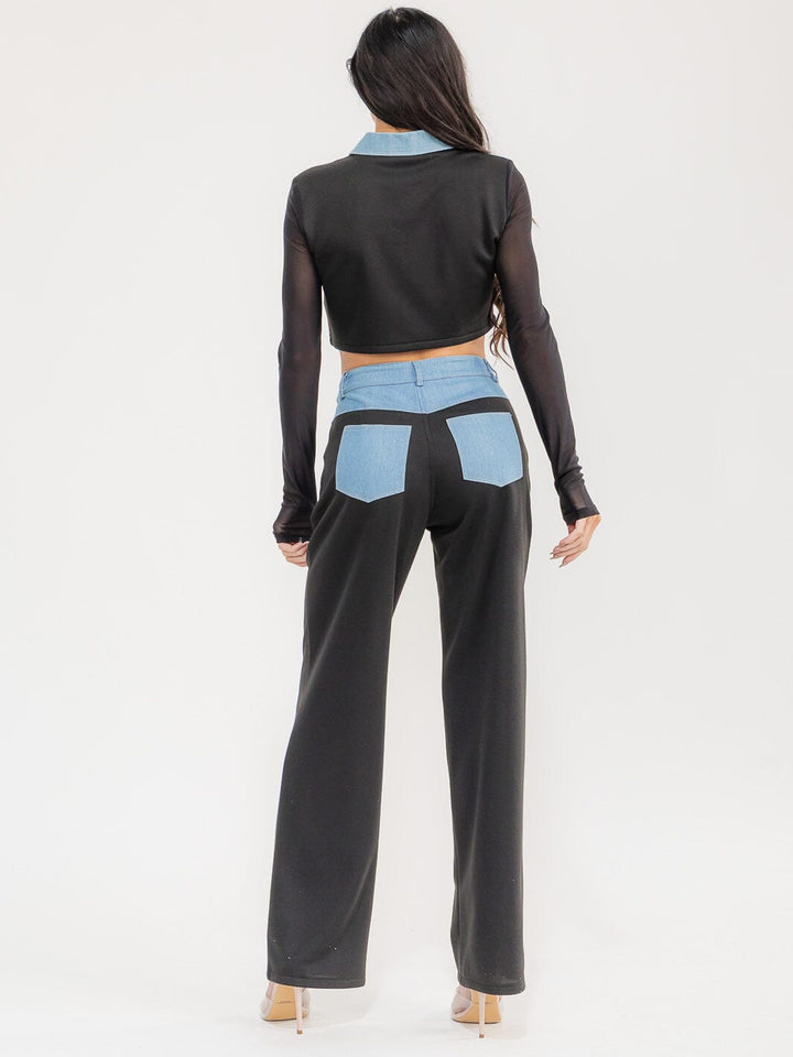 WOMEN'S LONG SLEEVE CROP TOP & BUTTON CLOSURE PANTS DENIM CONTRAST 2PC. SET
