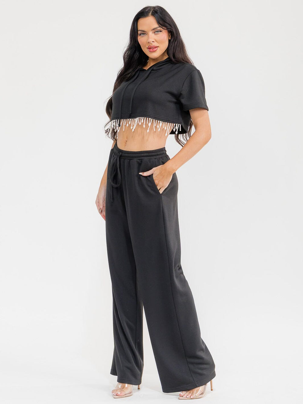 WOMEN'S SHORT SLEEVE HOODED CROP TOP & ELASTIC WAIST PANTS FRINGE STUDS 2PC. SET