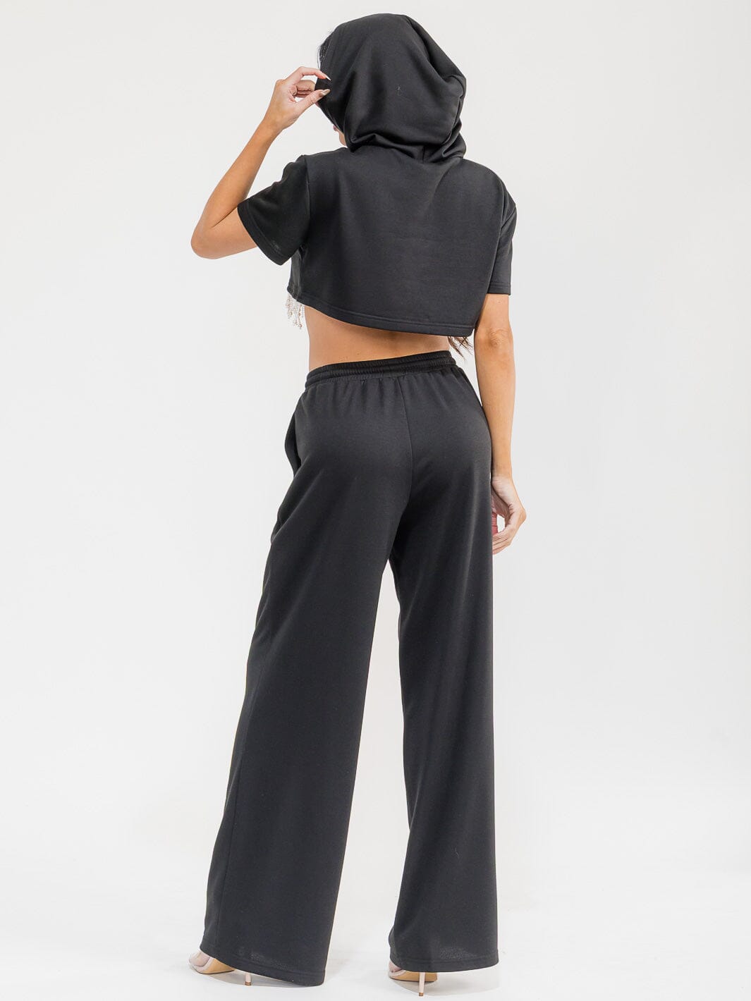 WOMEN'S SHORT SLEEVE HOODED CROP TOP & ELASTIC WAIST PANTS FRINGE STUDS 2PC. SET