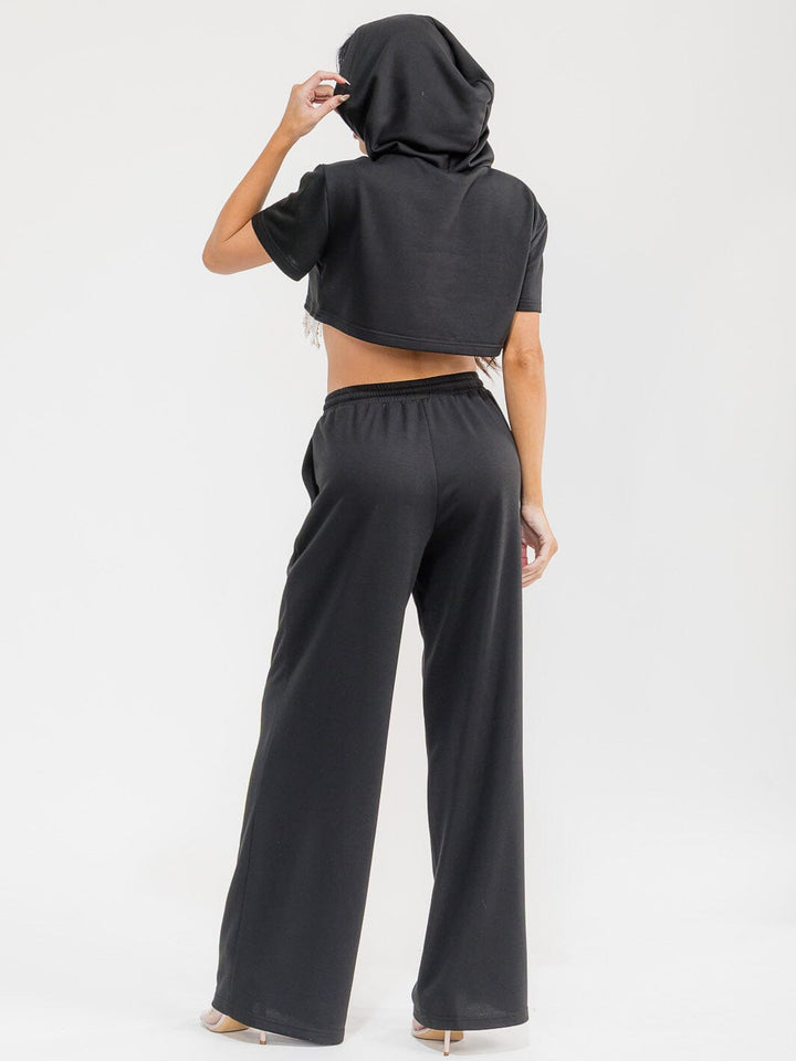 WOMEN'S SHORT SLEEVE HOODED CROP TOP & ELASTIC WAIST PANTS FRINGE STUDS 2PC. SET