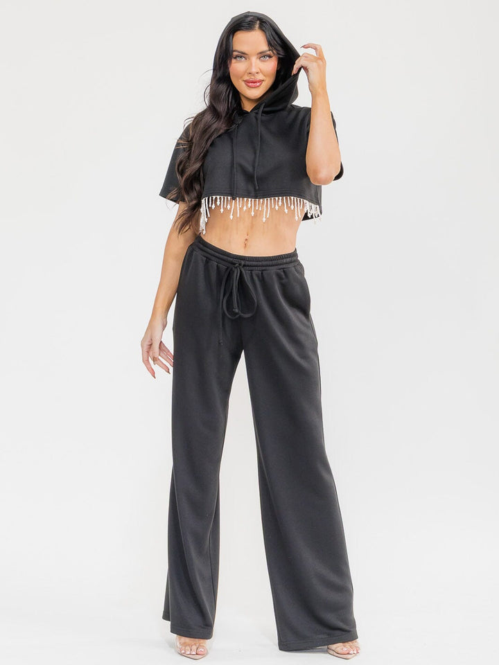 WOMEN'S SHORT SLEEVE HOODED CROP TOP & ELASTIC WAIST PANTS FRINGE STUDS 2PC. SET