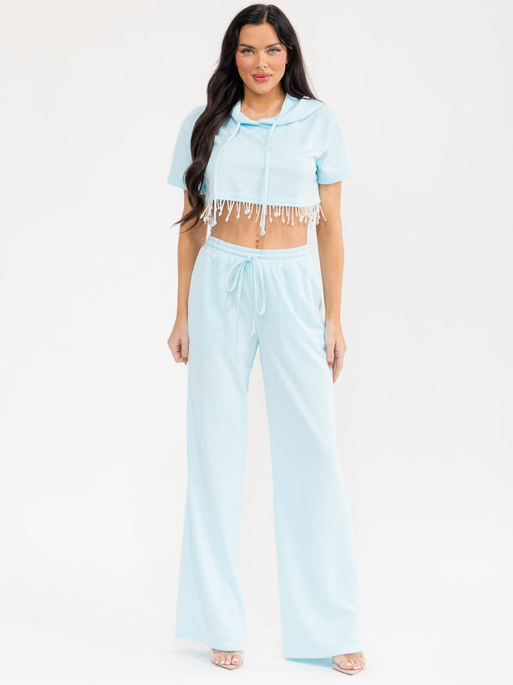 WOMEN'S SHORT SLEEVE HOODED CROP TOP & ELASTIC WAIST PANTS FRINGE STUDS 2PC. SET