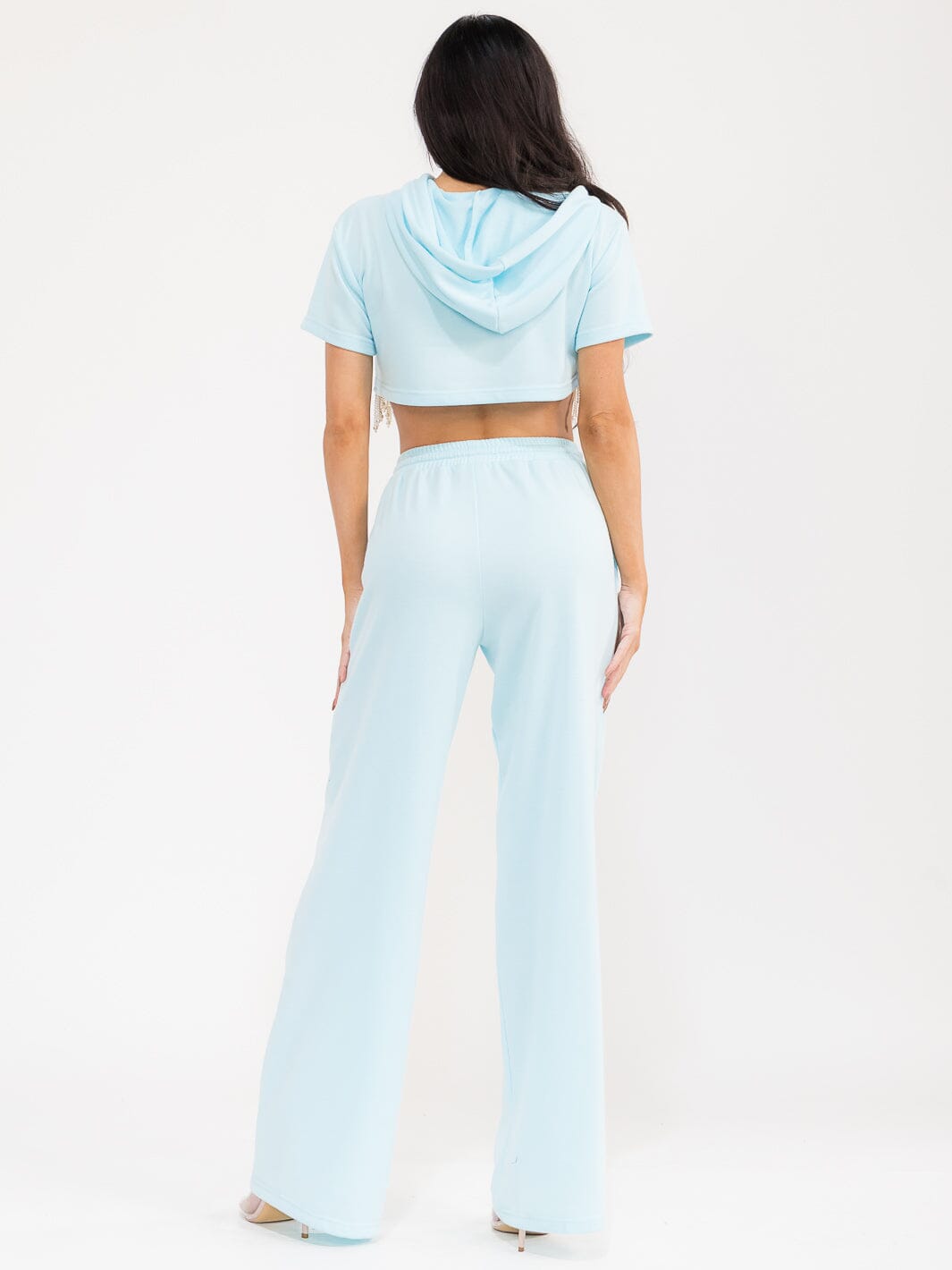 WOMEN'S SHORT SLEEVE HOODED CROP TOP & ELASTIC WAIST PANTS FRINGE STUDS 2PC. SET